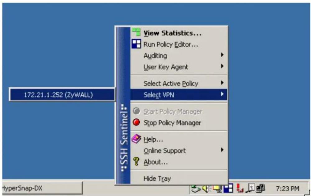 172.21.1.252 (ZyWALL) View Statistics... Run Policy Editor... Auditing User Key Agent Select Active Policy Select VPN Start Policy Manager Stop Policy Manager Help... Online Support About... Hide Tray *SSH Sentinel