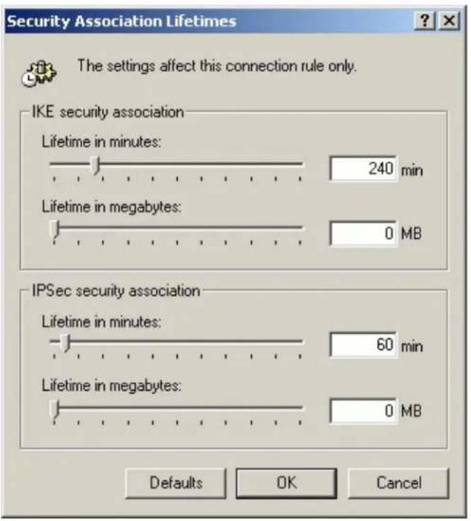 Security Association Lifetimes The settings affect this connection rule only. IKE security association Lifetime in minutes: 240 min Lifetime in megabytes: 0 MB IPSec security association Lifetime in minutes: 60 min Lifetime in megabytes: 0 MB Defaults OK Cancel