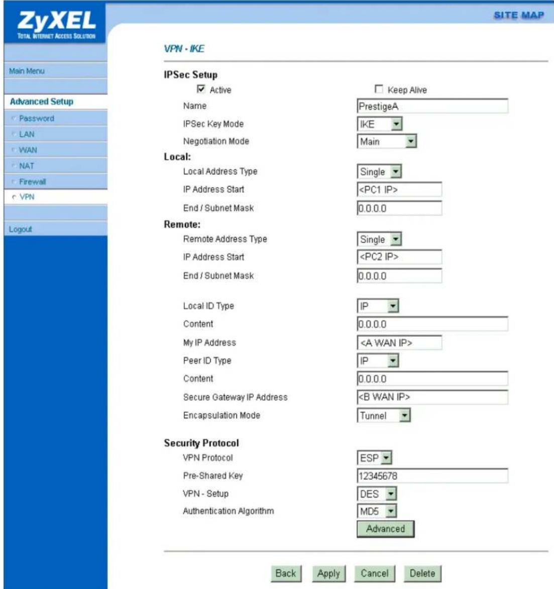 ZyXEL TOTAL INTERNET ACCESS SOLUTION Main Menu Advanced Setup Password LAN WAN NAT Firewall VPN Logout VPN - IKE IPSec Setup Active Name IPSec Key Mode Negotiation Mode Keep Alive PrestigeA IKE Main Local: Local Address Type IP Address Start End / Subnet Mask Single 0.0.0.0 Remote: Remote Address Type IP Address Start End / Subnet Mask Single 0.0.0.0 Local ID Type Content My IP Address Peer ID Type Content Secure Gateway IP Address Encapsulation Mode IP 0.0.0.0 IP 0.0.0.0 Tunnel Security Protocol VPN Protocol Pre-Shared Key VPN - Setup Authentication Algorithm ESP 12345678 DES MD5 Advanced Back Apply Cancel Delete SITE MAP