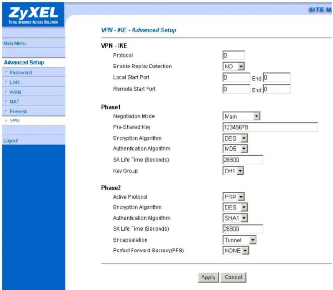 ZyXEL TOTAL INTERNET ACCESS SOLUTION S I T E M Main Meru Advanced Setup Password LAN WAN NAT Firewall VPN Logout VPN - IKE - Advanced Setup VPN - IKE Protocol 0 Enable Replay Detection N0 Local Start Port 0 E1d 0 Remote Start Port 0 E1d 0 Phase1 Negotiation Mode Main Pre-Shared Key 12345678 Encryption Algorithm DES Authentication Algorithm MD5 SA Life Time (Seconds) 28800 Key Group DH1 Phase2 Active Protocol FSP Encryption Algorithm DES Authentication Algorithm SHA1 SA Life Time (Seconds) 28800 Ercapsulation Tunnel Perfect Forward Secrecy(PFS) NONE Apply Cancel