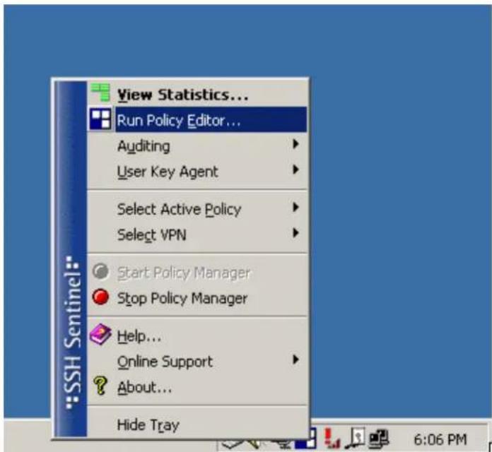 View Statistics... Run Policy Editor... Auditing User Key Agent Select Active Policy Select VPN Start Policy Manager Stop Policy Manager Help... Online Support About... Hide Tray SSH Sentinel: 6:06 PM
