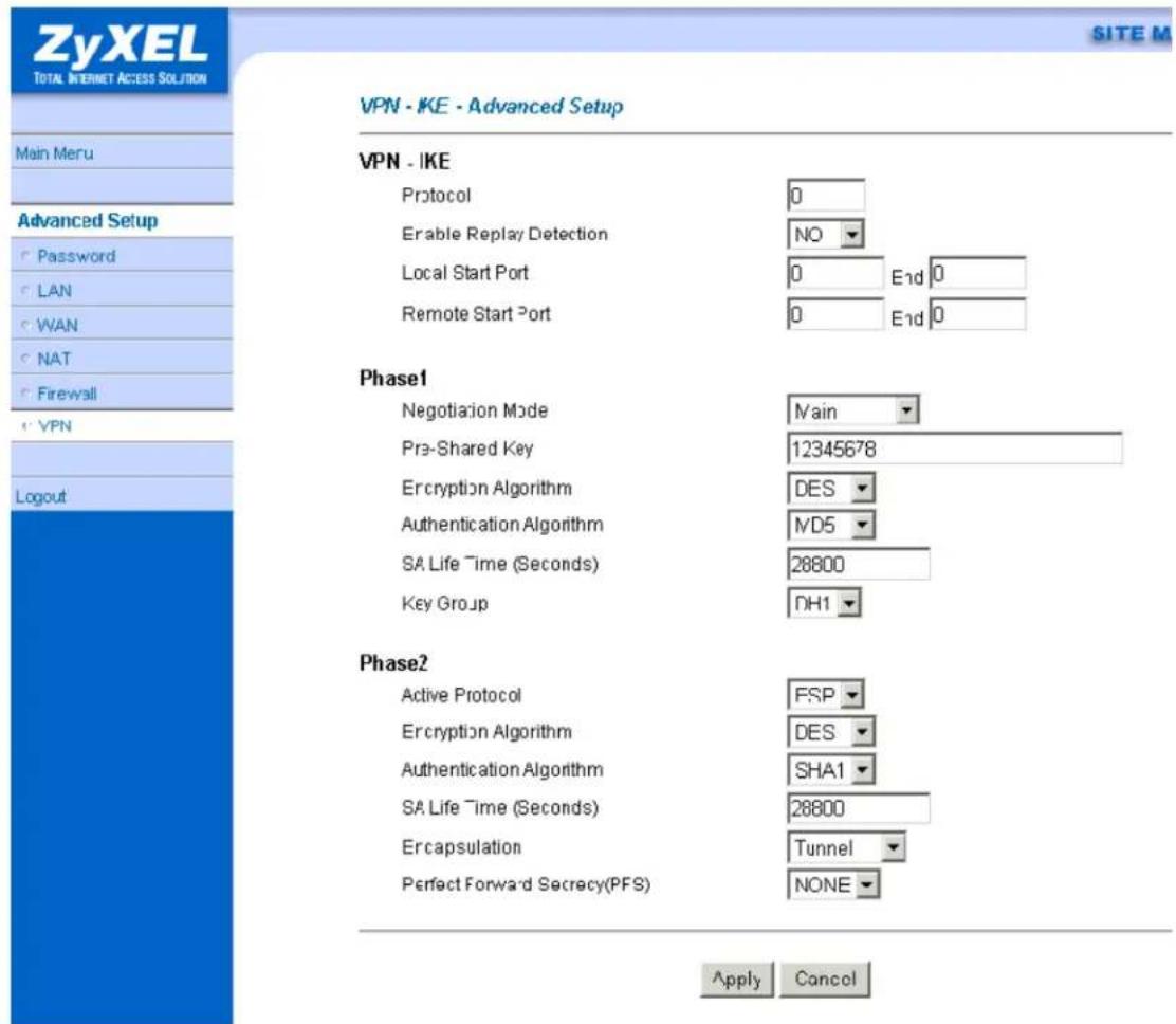ZyXEL TOTAL INTERNET ACCESS SOLUTION Main Menu Advanced Setup Password LAN WAN NAT Firewall VPN Logout VPN - IKE - Advanced Setup VPN - IKE Protocol 0 Enable Replay Detection NO Local Start Port 0 E1d 0 Remote Start Port 0 E1d 0 Phase1 Negotiation Mode Main Pre-Shared Key 12345678 Encryption Algorithm DES Authentication Algorithm MD5 SA Life Time (Seconds) 28800 Key Group DH1 Phase2 Active Protocol FSP Encryption Algorithm DES Authentication Algorithm SHA1 SA Life Time (Seconds) 28800 Ercapsulation Tunnel Perfect Forward Secrecy(PFS) NONE Apply Cancel