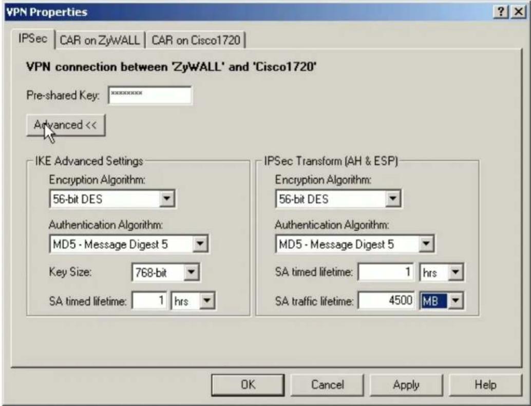 VPN Properties IPSec | CAR on ZyWALL | CAR on Cisco1720 | VPN connection between 'ZyWALL' and 'Cisco1720' Pre-shared Key: xxxxxxxxx Advanced << IKE Advanced Settings Encryption Algorithm: 56-bit DES Authentication Algorithm: MD5 - Message Digest 5 Key Size: 768-bit SA timed lifetime: 1 hrs IPSec Transform (AH & ESP) Encryption Algorithm: 56-bit DES Authentication Algorithm: MD5 - Message Digest 5 SA timed lifetime: 1 hrs SA traffic lifetime: 4500 MB OK Cancel Apply Help