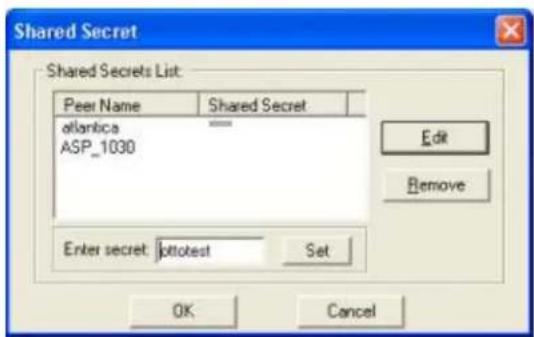 Shared Secret Shared Secrets List: Peer Name Shared Secret allantica ASP_1030 Edit Remove Enter secret: jottotest Set OK Cancel