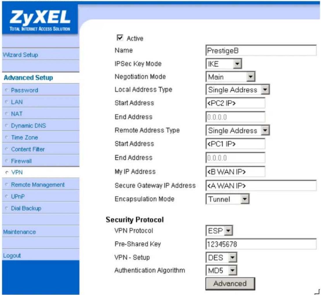 ZyXEL TOTAL INTERNET ACCESS SOLUTION Wizard Setup Advanced Setup Password LAN NAT Dynamic DNS Time Zone Content Filter Firewall VPN Remote Management UPnP Dial Backup Maintenance Logout ✓ Active Name PrestigeB IPSec Key Mode IKE Negotiation Mode Main Local Address Type Single Address Start Address End Address 0.0.0.0 Remote Address Type Single Address Start Address End Address 0.0.0.0 My IP Address Secure Gateway IP Address Encapsulation Mode Tunnel Security Protocol VPN Protocol ESP Pre-Shared Key 12345678 VPN - Setup DES Authentication Algorithm MD5 Advanced ✓ Advanced