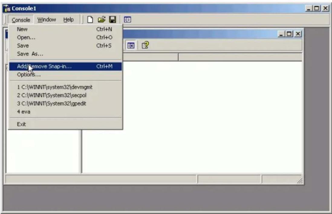 Console1 New Ctrl+N Open... Ctrl+O Save Ctrl+S Save As... Add/Remove Snap-in... Ctrl+M Options... 1 C:\WINNT\system32\devmgmt 2 C:\WINNT\System32\secpol 3 C:\WINNT\System32\gpedit 4 eva Exit
