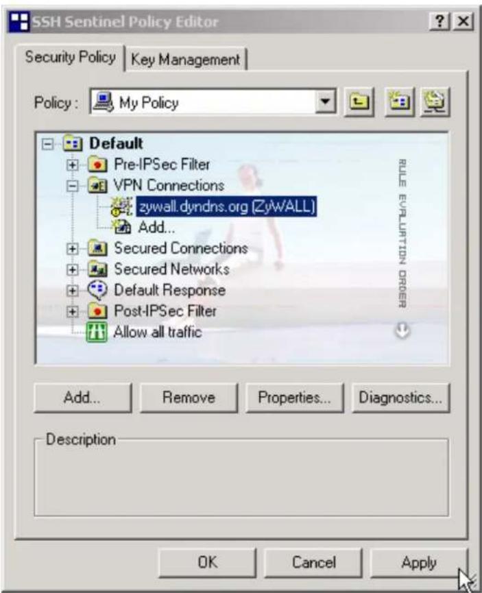 SSH Sentinel Policy Editor Security Policy | Key Management | Policy : My Policy Default Pre-IPSec Filter VPN Connections zywall.dyndns.org (ZyW/ALL) Add... Secured Connections Secured Networks Default Response Post-IPSec Filter Allow all traffic Add... Remove Properties... Diagnostics... Description OK Cancel Apply