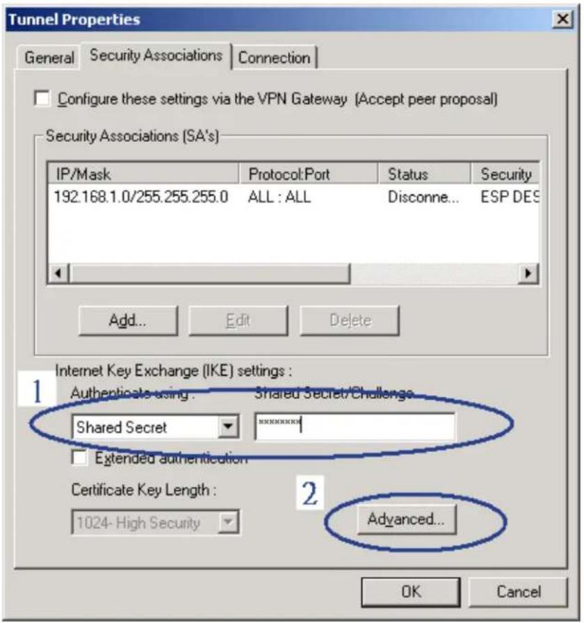 Tunnel Properties General Security Associations Connection Configure these settings via the VPN Gateway (Accept peer proposal) Security Associations (SA's) IP/Mask Protocol:Port Status Security 192.168.1.0/255.255.255.0 ALL : ALL Disconne... ESP DES Add... Edit Delete Internet Key Exchange (IKE) settings : 1 Authenticate using : Shared Secret/Challenge Shared Secret ***** Extended authentication Certificate Key Length : 1024- High Security Advanced... OK Cancel
