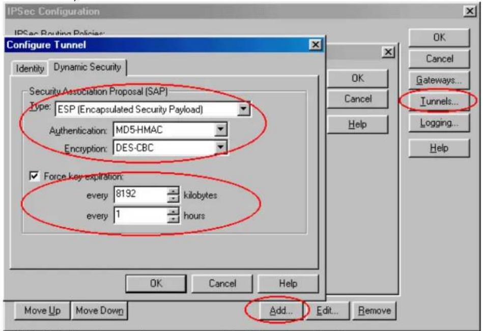 IPSec Configuration IPSec Routing Policies: Configure Tunnel Identity Dynamic Security Security Association Proposal (SAP) Type: ESP (Encapsulated Security Payload) Authentication: MD5-HMAC Encryption: DES-CBC ✓ Force key expiration: every 8192 kilobytes every 1 hours OK Cancel OK Cancel Help Tunnels... Logging... Help Move Up Move Down Add... Edit... Remove