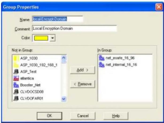 Group Properties Name: localEncrypt-Domain Comment: Local Encryption Domain Color: Not in Group: ASP_1030 ASP_1030_192_168_1 ASP_Test atlantica Booster_Net CLVDOCSD08 CLVDOFAR01 Add > < Remove In Group: net_esafe_16_96 net_internal_16_16 OK Cancel Help