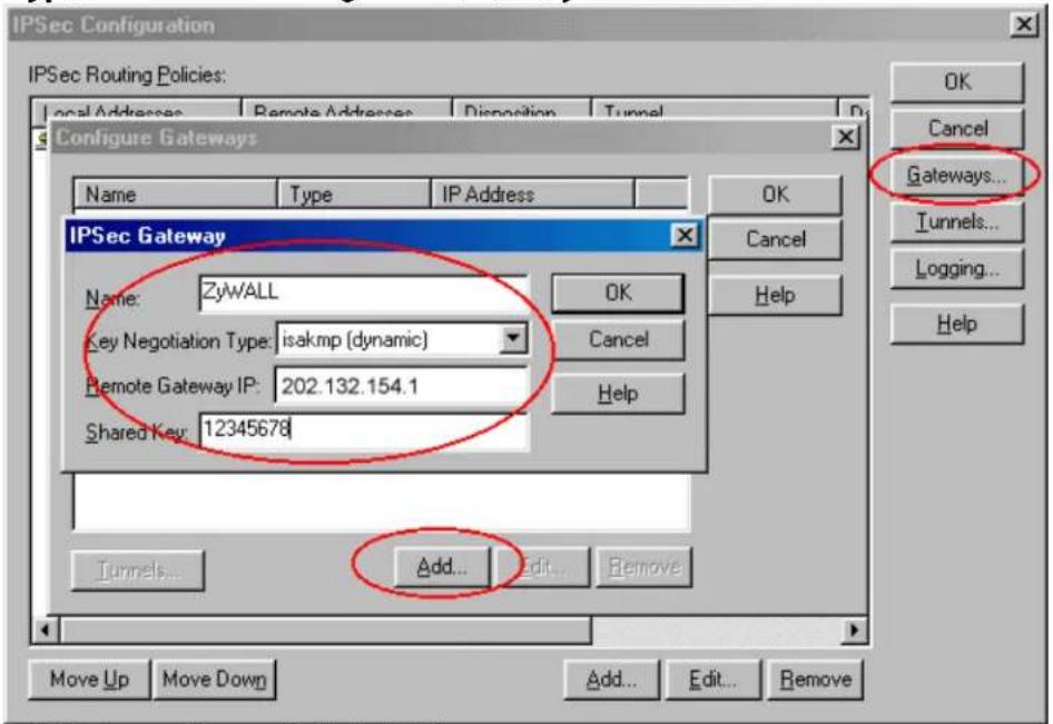 IPSec Configuration IPSec Routing Policies: Local Addresses Remote Addresses Disposition Tunnel Configure Gateways Name Type IP Address OK Cancel Help IPSec Gateway Name: ZyWALL Key Negotiation Type: isakmp (dynamic) Remote Gateway IP: 202.132.154.1 Shared Key: 12345678 Add... Edit... Remove Move Up Move Down Add... Edit... Remove Gateways... Tunnels... Logging... Help