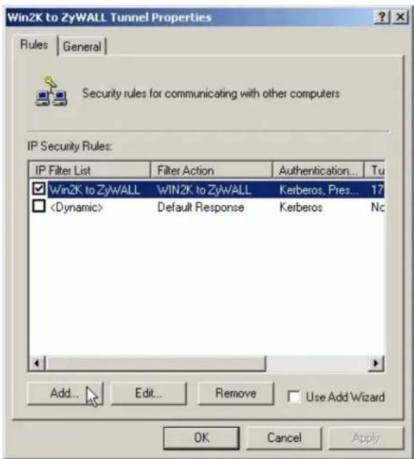 Win2K to ZyWALL Tunnel Properties Rules | General | Security rules for communicating with other computers IP Security Rules: IP Filter List Filter Action Authentication... Tu Win2K to ZyWALL WIN2K to ZyWALL Keberos, Pres... 17 Default Response Keberos Nc Add... Edit... Remove Use Add Wizard OK Cancel Apply