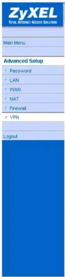 ZyXEL TOTAL INTERNET ACCESS SOLUTION Main Menu Advanced Setup • Password • LAN • WAN • NAT • Firewall • VPN Logout
