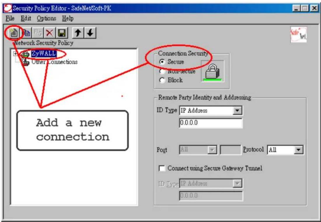 Security Policy Editor - SafeNet/Soft-PK File Edit Options Help Network Security Policy ZyWALL Other Connections Add a new connection Connection Security Secure Non-secure Block Remote Party Identity and Addressing ID Type: IP Address 0.0.0.0 Port All Protocol All Connect using Secure Gateway Tunnel ID Type: IP Address 0.0.0.0