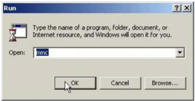 Run Type the name of a program, folder, document, or Internet resource, and Windows will open it for you. Open: mmc OK Cancel Browse...