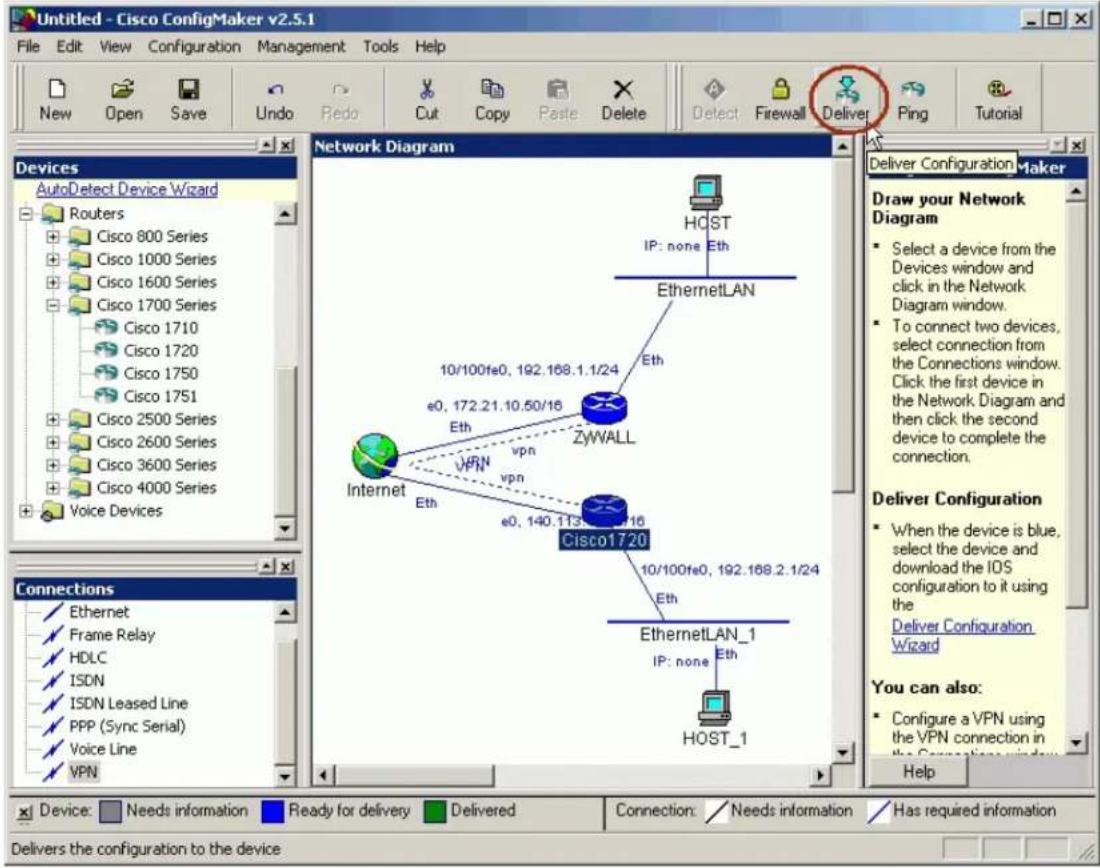 Untitled - Cisco ConfigMaker v2.5.1 File Edit View Configuration Management Tools Help New Open Save Undo Redo Cut Copy Paste Delete Detect Firewall Deliver Ping Tutorial Devices AutoDetect Device Wizard Routers Cisco 800 Series Cisco 1000 Series Cisco 1600 Series Cisco 1700 Series Cisco 1710 Cisco 1720 Cisco 1750 Cisco 1751 Cisco 2500 Series Cisco 2600 Series Cisco 3600 Series Voice Devices Network Diagram HOST IP: none Eth EthernetLAN 10/100fe0, 192.168.1.1/24 Eth e0, 172.21.10.50/16 ZYWALL Internet VPN vpn vpn e0, 140.113.1.16 Cisco1720 10/100fe0, 192.168.2.1/24 Eth EthernetLAN_1 IP: none Eth HOST_1 Network Diagram Deliver Configuration Maker Draw your Network Diagram Select a device from the Devices window and click in the Network Diagram window. To connect two devices, select connection from the Connections window. Click the first device in the Network Diagram and then click the second device to complete the connection. Deliver Configuration When the device is blue, select the device and download the IOS configuration to it using the Deliver Configuration Wizard You can also: Configure a VPN using the VPN connection in the Connection Window Help Connections Ethernet Frame Relay HDLC ISDN ISDN Leased Line PPP (Sync Serial) Voice Line VPN Device: Needs information Ready for delivery Delivered Connection: Needs information Has required information Delivers the configuration to the device