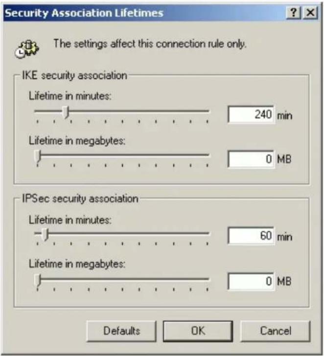 Security Association Lifetimes The settings affect this connection rule only. IKE security association Lifetime in minutes: 240 min Lifetime in megabytes: 0 MB IPSec security association Lifetime in minutes: 60 min Lifetime in megabytes: 0 MB Defaults OK Cancel