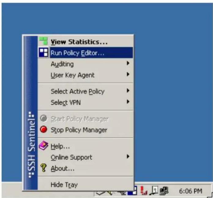 View Statistics... Run Policy Editor... Auditing User Key Agent Select Active Policy Select VPN Start Policy Manager Stop Policy Manager Help... Online Support About... Hide Tray 6:06 PM