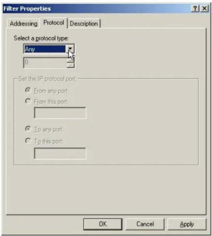 Filter Properties Addressing Protocol Description Select a protocol type: Any 0 Set the IP protocol port From any port From this port To any port To this port OK Cancel Apply