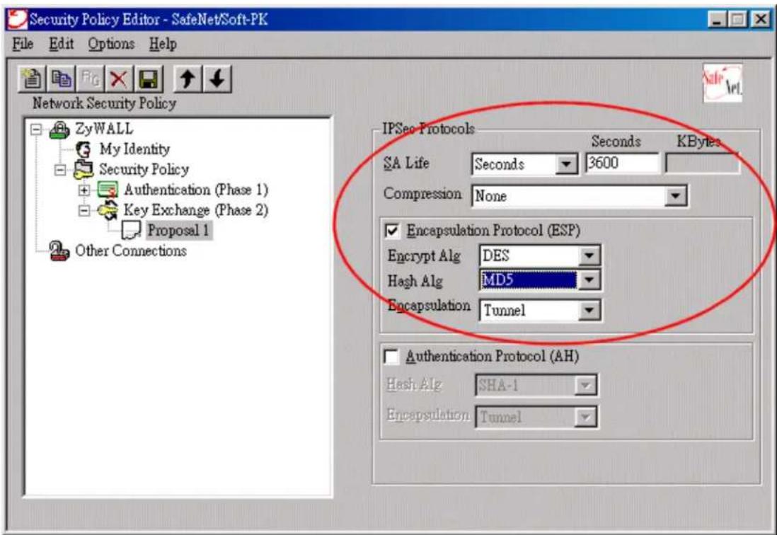 Security Policy Editor - SafeNet/Soft-PK File Edit Options Help Network Security Policy ZyWALL My Identity Security Policy Authentication (Phase 1) Key Exchange (Phase 2) Proposal 1 Other Connections IPSec Protocols Seconds KBytes SA Life Seconds 3600 Compression None Encapsulation Protocol (ESP) Encrypt Alg DES Hash Alg MD5 Encapsulation Tunnel Authentication Protocol (AH) Hash Alg SHA-1 Encapsulation Tunnel