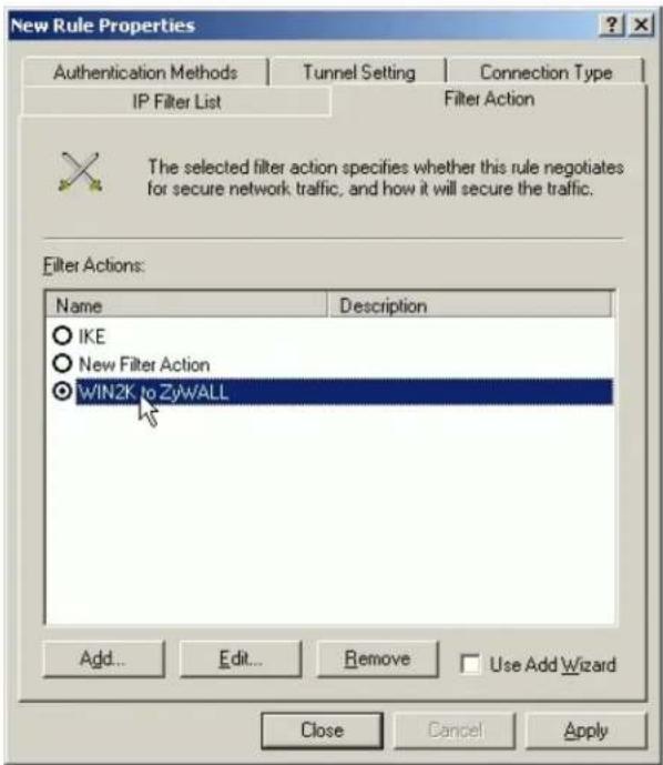 New Rule Properties Authentication Methods Tunnel Setting Connection Type IP Filter List Filter Action The selected filter action specifies whether this rule negotiates for secure network traffic, and how it will secure the traffic. Filter Actions: Name Description IKE New Filter Action WIN2K to ZyWALL Add... Edit... Remove Use Add Wizard Close Cancel Apply