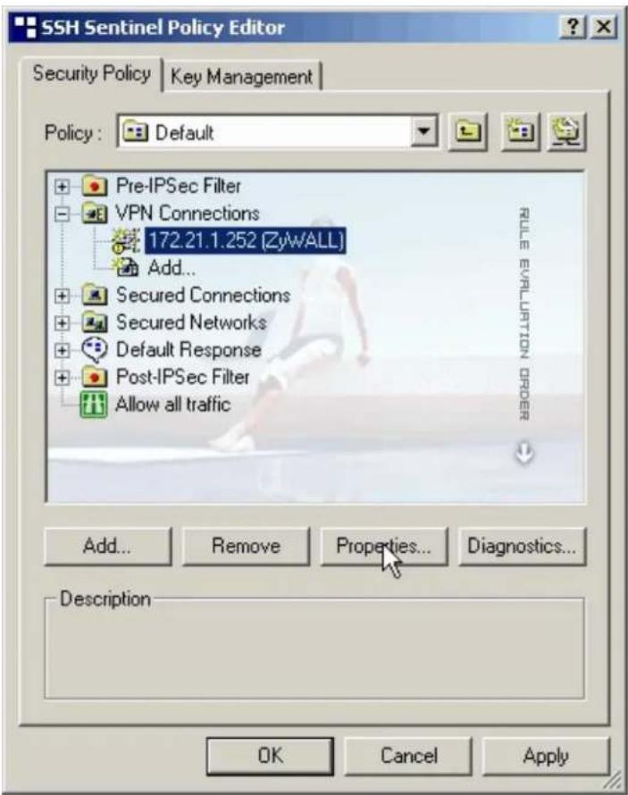 SSH Sentinel Policy Editor Security Policy | Key Management | Policy : Default Pre-IPSec Filter VPN Connections 172.21.1.252 (ZyWALL) Add... Secured Connections Secured Networks Default Response Post-IPSec Filter Allow all traffic Add... Remove Properties... Diagnostics... Description OK Cancel Apply