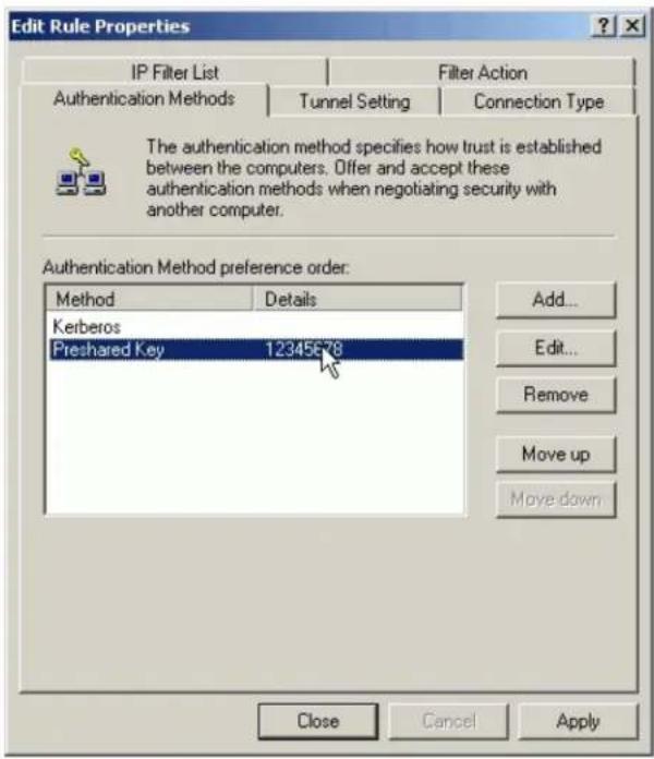 Edit Rule Properties IP Filter List Filter Action Authentication Methods Tunnel Setting Connection Type The authentication method specifies how trust is established between the computers. Offer and accept these authentication methods when negotiating security with another computer. Authentication Method preference order: Method Details Kerberos Preshared Key 12345678 Add... Edit... Remove Move up Move down Close Cancel Apply