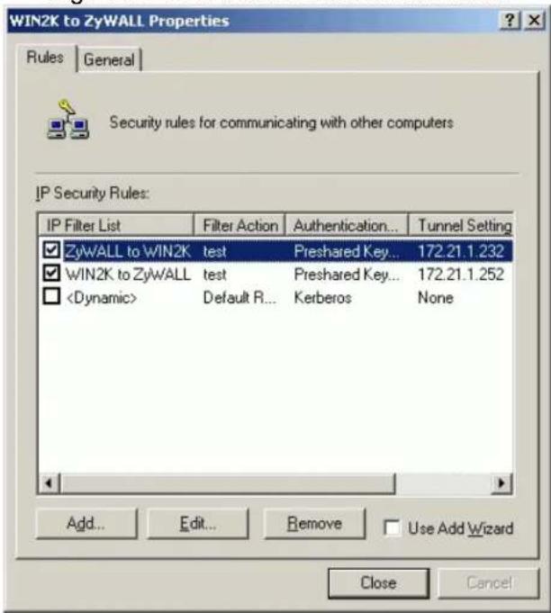 WIN2K to ZyWALL Properties Rules | General | Security rules for communicating with other computers IP Security Rules: IP Filter List Filter Action Authentication... Tunnel Setting ZyWALL to WIN2K test Preshared Key... 172.21.1.232 WIN2K to ZyWALL test Preshared Key... 172.21.1.252 Default R... Kerberos None Add... Edit... Remove Use Add Wizard Close Cancel
