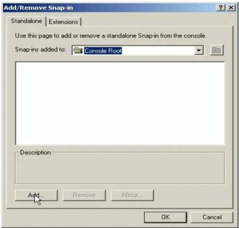 Add/Remove Snap-in Standalone | Extensions Use this page to add or remove a standalone Snap-in from the console. Snap-ins added to: Console Root Description Add... Remove About... OK Cancel