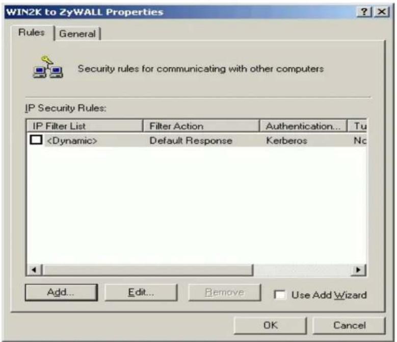WIN2K to ZyWALL Properties Rules | General | Security rules for communicating with other computers IP Security Rules: IP Filter List Filter Action Authentication... Tu Default Response Kerberos No Add... Edit... Remove Use Add Wizard OK Cancel