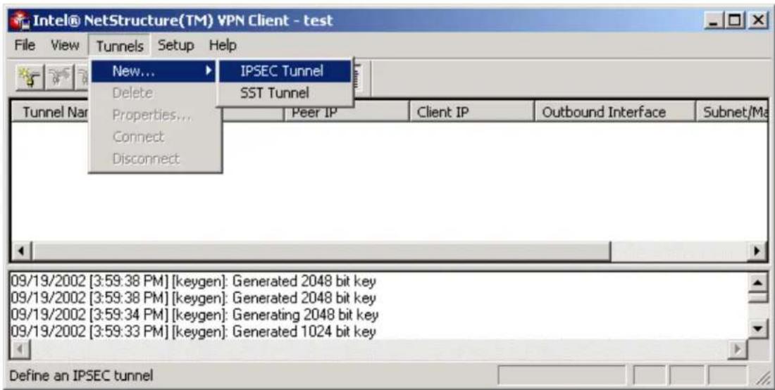 Intel® NetStructure(TM) VPN Client - test File View Tunnels Setup Help New... IPSEC Tunnel Delete SST Tunnel Tunnel Nar Peer IP Client IP Outbound Interface Subnet/Ma 09/19/2002 [3:59:38 PM] [keygen]: Generated 2048 bit key 09/19/2002 [3:59:38 PM] [keygen]: Generated 2048 bit key 09/19/2002 [3:59:34 PM] [keygen]: Generating 2048 bit key 09/19/2002 [3:59:33 PM] [keygen]: Generated 1024 bit key Define an IPSEC tunnel