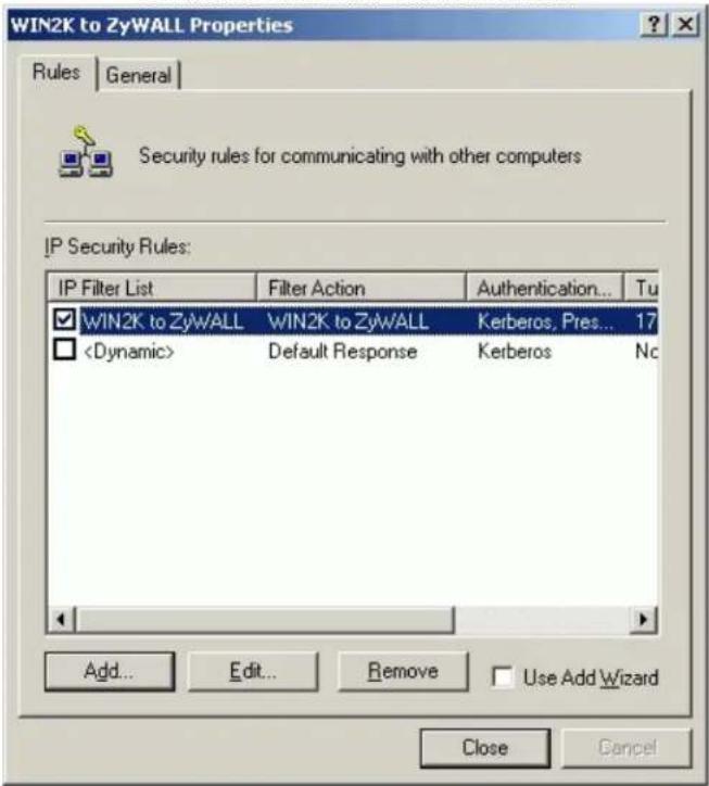 WIN2K to ZyWALL Properties Rules | General | Security rules for communicating with other computers IP Security Rules: IP Filter List Filter Action Authentication... Tu ✓ WIN2K to ZyWALL WIN2K to ZyWALL Kerberos, Pres... 17 □ Default Response Kerberos Nc Add... Edit... Remove □ Use Add Wizard Close Cancel