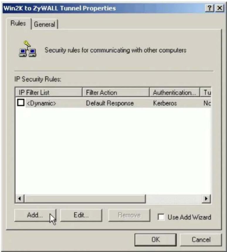 Win2K to ZyWALL Tunnel Properties Rules | General | Security rules for communicating with other computers IP Security Rules: IP Filter List Filter Action Authentication... Tu Default Response Kerberos Nc Add... Edit... Remove Use Add Wizard OK Cancel