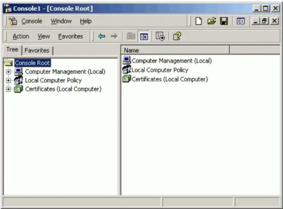 Console1 - [Console Root] Console Window Help Action View Favorites Tree Favorites Console Root + Computer Management (Local) + Local Computer Policy + Certificates (Local Computer) Name + Computer Management (Local) + Local Computer Policy + Certificates (Local Computer)