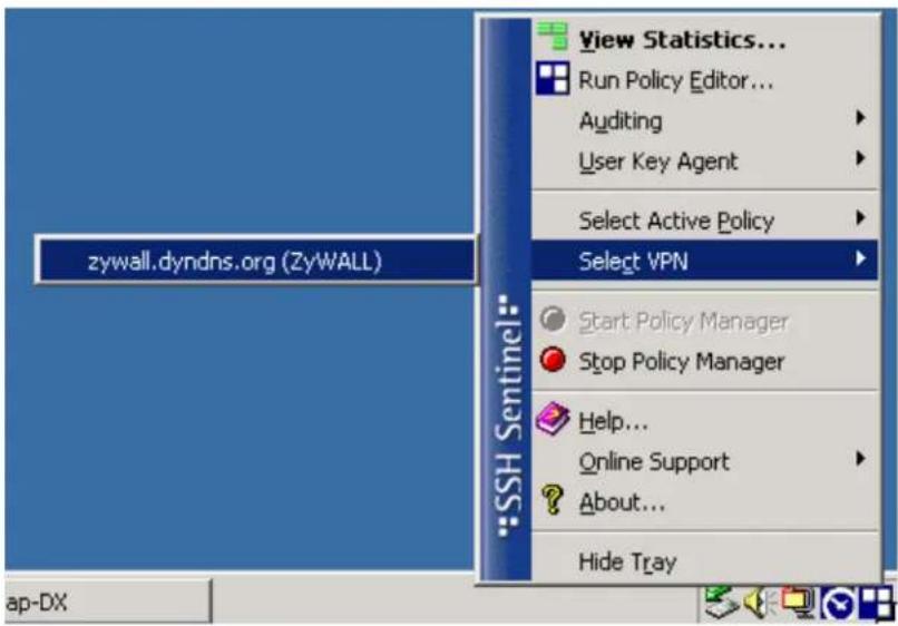 zywall.dyndns.org (ZyWALL) • SSH Sentinel View Statistics... Run Policy Editor... Auditing User Key Agent Select Active Policy Select VPN Start Policy Manager Stop Policy Manager Help... Online Support About... Hide Tray ap-DX