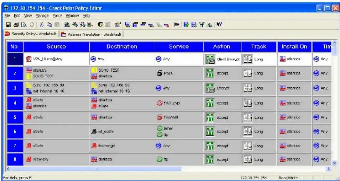 172.30.254.254 - Check Point Policy Editor File Edit View Manage Policy Window Help Security Policy - vitodefault Address Translation - vitodefault No Source Destination Service Action Track Install On Tim 1 VPN_Users@Any Any Any Client Encrypt Long atlantica Any 2 atlantica SOHO_TEST SOHO_TEST atlantica PSEC accept Long atlantica Any 3 Soho_192_168_99 Net Internal 16_16 Scho_192_168_99 net internal 16_16 Any Encrypt Long atlantica Any 4 eSafe atlantica atlantica eSafe FWI_pvp accept Long atlantica Any 5 eSafe atlantica FireVault accept Long atlantica Any 6 eSafe int_ecafe tener tp accept Long atlantica Any 7 eSafe Exchange Any accept Long atlantica Any 8 vitoproxy atlantica tp accept Long atlantica Any For Help, press F1 172.30.254.254 Read/Wine