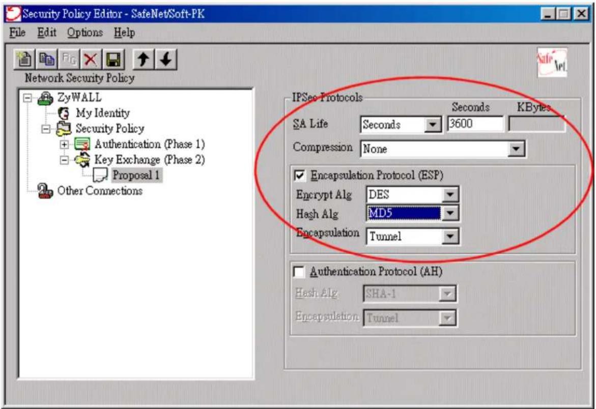 Security Policy Editor - SafeNet/Soft-PK File Edit Options Help Network Security Policy ZyWALL My Identity Security Policy Authentication (Phase 1) Key Exchange (Phase 2) Proposal 1 Other Connections IPSec Protocols Seconds KBytes SA Life Seconds 3600 Compression None Encapsulation Protocol (ESP) Encrypt Alg DES Hash Alg MD5 Encapsulation Tunnel Authentication Protocol (AH) Hash Alg SHA-1 Encapsulation Tunnel