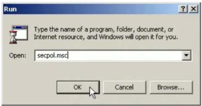 Run Type the name of a program, folder, document, or Internet resource, and Windows will open it for you. Open: secpol.msc OK Cancel Browse...