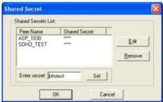 Shared Secret Shared Secrets List: Peer Name Shared Secret ASP_1030 **** SOHO_TEST — Edit Remove Enter secret: bottotest Set OK Cancel
