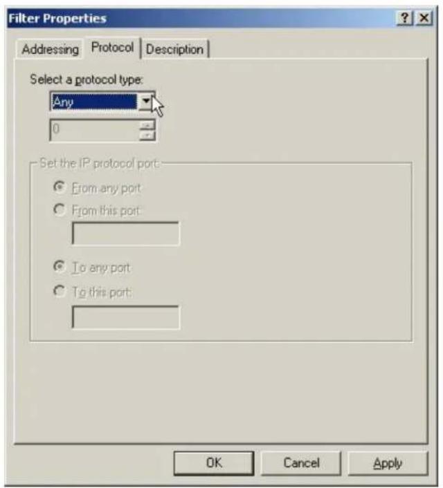 Filter Properties Addressing Protocol Description Select a protocol type: Any 0 Set the IP protocol port From any port From this port To any port To this port: OK Cancel Apply