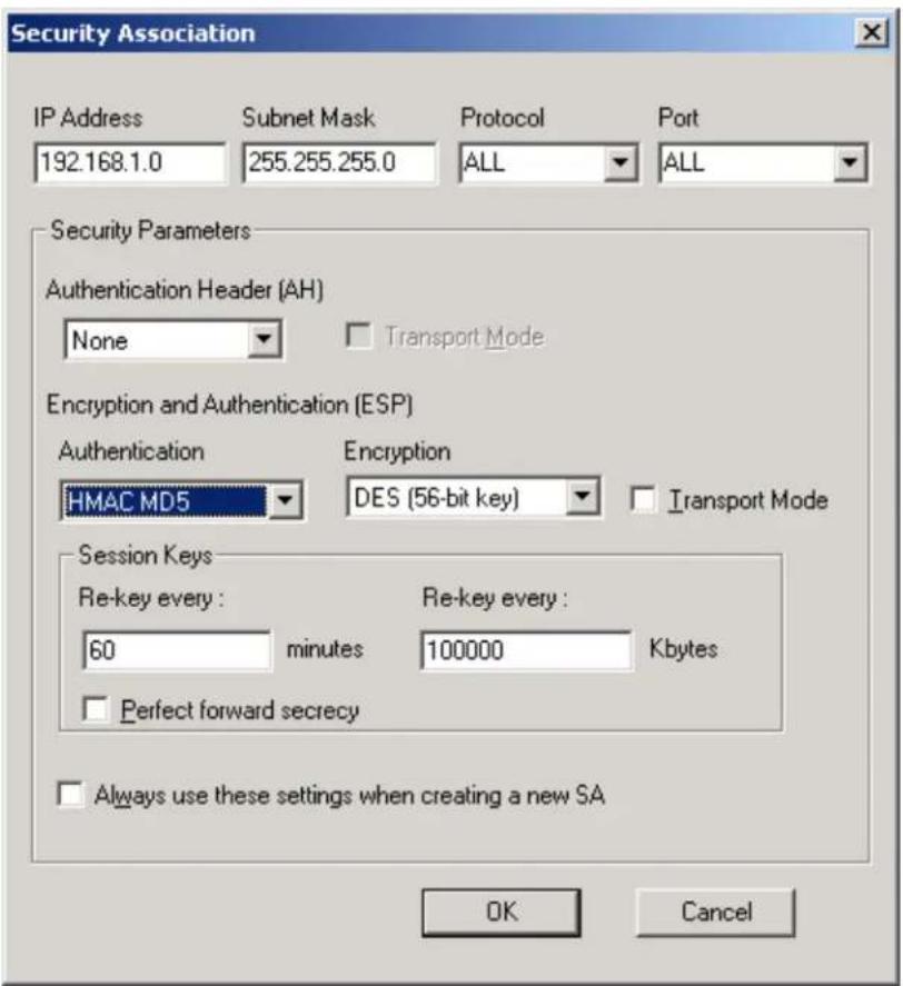 Security Association IP Address 192.168.1.0 Subnet Mask 255.255.255.0 Protocol ALL Port ALL Security Parameters Authentication Header (AH) None Transport Mode Encryption and Authentication (ESP) Authentication HMAC MD5 Encryption DES (56-bit key) Transport Mode Session Keys Re-key every : 60 minutes Re-key every : 100000 Kbytes Perfect forward secrecy Always use these settings when creating a new SA OK Cancel
