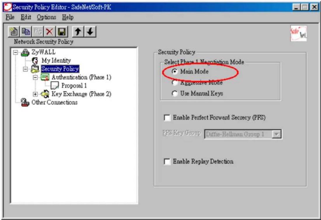 Security Policy Editor - SafeNet/Soft-PK File Edit Options Help Network Security Policy ZyWALL My Identity Security Policy Authentication (Phase 1) Proposal 1 Key Exchange (Phase 2) Other Connections Security Policy Select Phase 1 Negotiation Mode ● Main Mode ○ Aggressive Mode ○ Use Manual Keys ■ Enable Perfect Forward Secrecy (PFS) PFS Key Group: Duffie-Hellman Group 1 ■ Enable Replay Detection