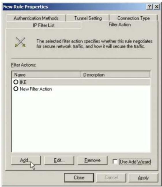 New Rule Properties Authentication Methods Tunnel Setting Connection Type IP Filter List Filter Action The selected filter action specifies whether this rule negotiates for secure network traffic, and how it will secure the traffic. Filter Actions: Name Description IKE New Filter Action Add... Edit... Remove Use Add Wizard Close Cancel Apply