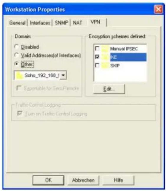 Workstation Properties General | Interfaces | SNMP | NAT | VPN | Domain: Disabled Valid Addresses(of Interfaces) Other: Soho_192_168_f Exportable for SecuRemote Encryption schemes defined: Manual IPSEC KE SKIP Edit... Traffic Control Logging Sum on Traffic Control Logging OK Abbrechen Hife
