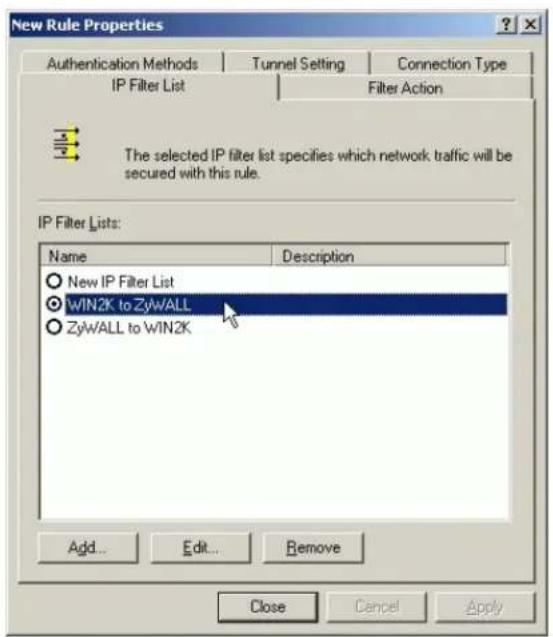 New Rule Properties Authentication Methods Tunnel Setting Connection Type IP Filter List Filter Action The selected IP filter list specifies which network traffic will be secured with this rule. IP Filter Lists: Name Description New IP Filter List WIN2K to ZyWALL ZyWALL to WIN2K Add... Edit... Remove Close Cancel Apply