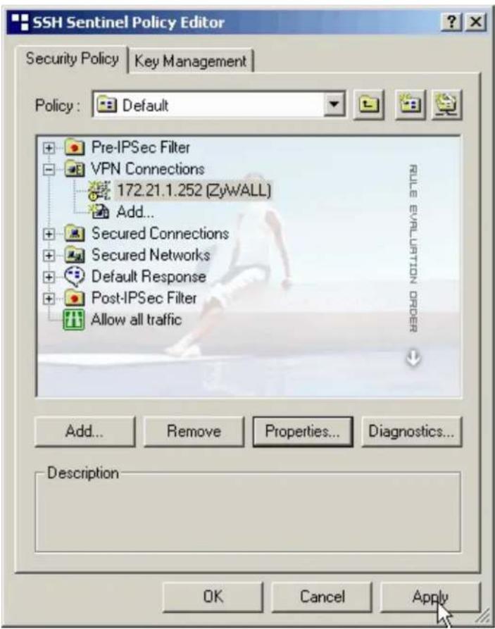 SSH Sentinel Policy Editor Security Policy | Key Management Policy : Default Pre-IPSec Filter VPN Connections 172.21.1.252 (ZyWALL) Add... Secured Connections Secured Networks Default Response Post-IPSec Filter Allow all traffic Add... Remove Properties... Diagnostics... Description OK Cancel Apply