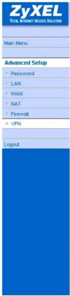 ZyXEL TOTAL INTERNET ACCESS SOLUTION Main Menu Advanced Setup Password LAN WAN NAT Firewall VPN Logout