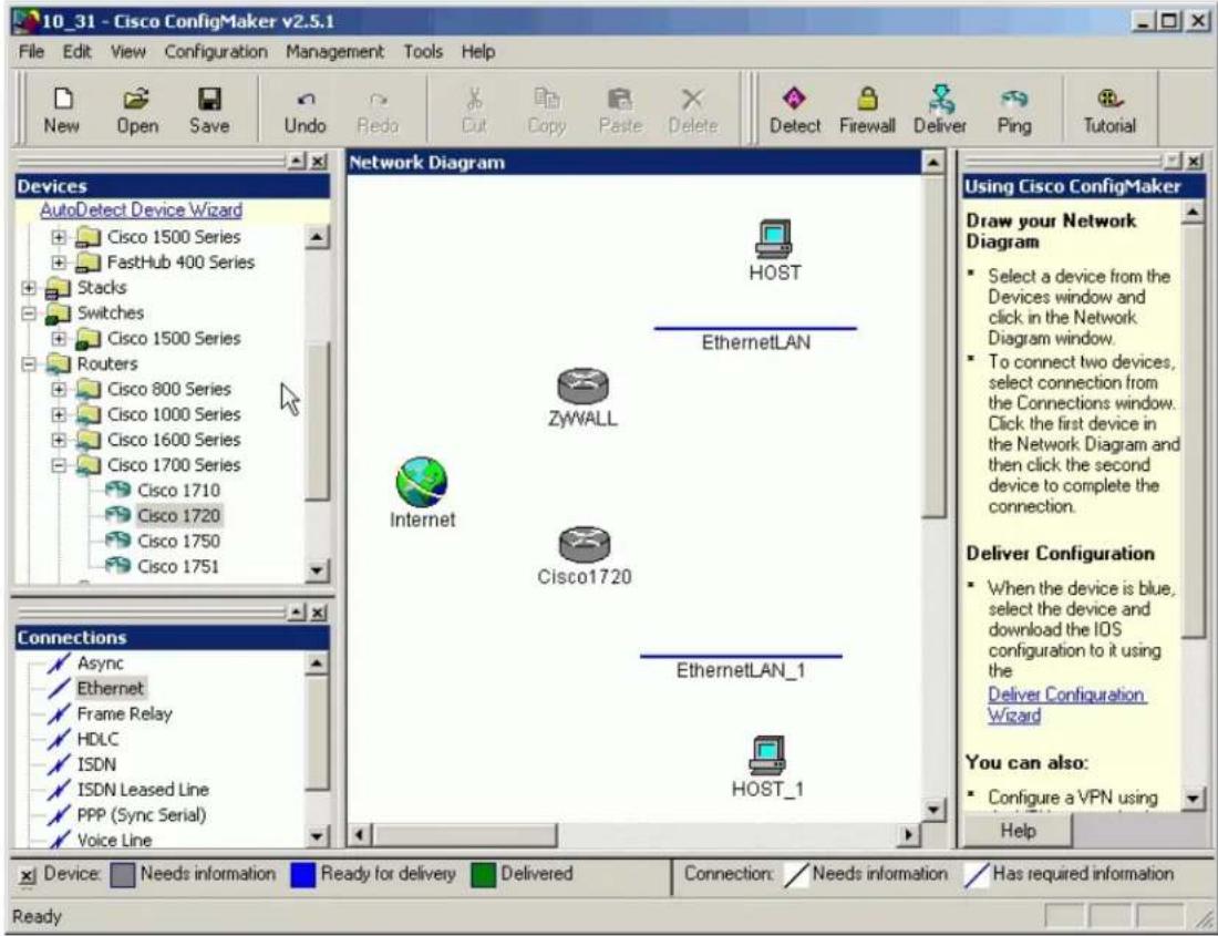 10_31 - Cisco ConfigMaker v2.5.1 File Edit View Configuration Management Tools Help New Open Save Undo Redo Cut Copy Paste Delete Detect Firewall Deliver Ping Tutorial Devices AutoDetect Device Wizard Cisco 1500 Series FastHub 400 Series Stacks Switches Cisco 1500 Series Routers Cisco 800 Series Cisco 1000 Series Cisco 1600 Series Cisco 1700 Series Cisco 1710 Cisco 1720 Cisco 1750 Cisco 1751 Network Diagram HOST EthernetLAN ZyWALL Internet Cisco1720 EthernetLAN_1 HOST_1 Using Cisco ConfigMaker Draw your Network Diagram Select a device from the Devices window and click in the Network. Diagram window. To connect two devices, select connection from the Connections window. Click the first device in the Network Diagram and then click the second device to complete the connection. Deliver Configuration When the device is blue, select the device and download the IOS configuration to it using the Deliver Configuration Wizard You can also: Configure a VPN using Help Connections Async Ethernet Frame Relay HDLC ISDN ISDN Leased Line PPP (Sync Serial) Voice Line Device: Needs information Ready for delivery Delivered Connection: Needs information Has required information Ready