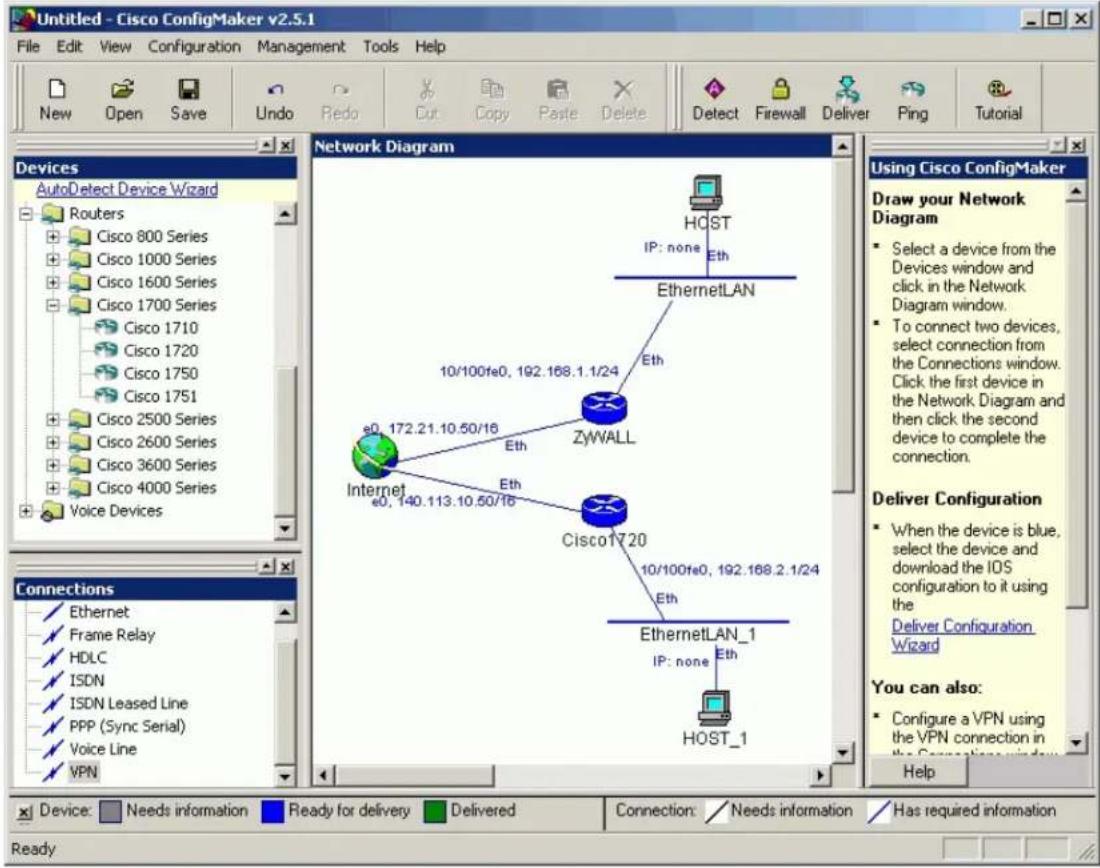 Untitled - Cisco ConfigMaker v2.5.1 File Edit View Configuration Management Tools Help New Open Save Undo Redo Cut Copy Paste Delete Detect Firewall Deliver Ping Tutorial Devices AutoDetect Device Wizard Routers Cisco 800 Series Cisco 1000 Series Cisco 1600 Series Cisco 1700 Series Cisco 1710 Cisco 1720 Cisco 1750 Cisco 1751 Cisco 2500 Series Cisco 2600 Series Cisco 3600 Series Voice Devices Network Diagram HOST IP: none Eth EthernetLAN 10/100fs0, 192.168.1.1/24 Eth ZyWALL e0, 172.21.10.50/16 Internet e0, 140.113.10.50/16 Eth Cisco1720 10/100fs0, 192.168.2.1/24 Eth EthernetLAN_1 IP: none Eth HOST_1 Using Cisco ConfigMaker Draw your Network Diagram Select a device from the Devices window and click in the Network Diagram window. To connect two devices, select connection from the Connections window. Click the first device in the Network Diagram and then click the second device to complete the connection. Deliver Configuration When the device is blue, select the device and download the IOS configuration to it using the Deliver Configuration Wizard You can also: Configure a VPN using the VPN connection in the Connection window. Help Connections Ethernet Frame Relay HDLC ISDN ISDN Leased Line PPP (Sync Serial) Voice Line VPN Device: Needs information Ready for delivery Delivered Connection: Needs information Has required information Ready