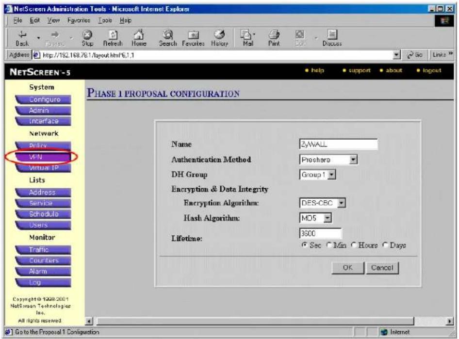 NetScreen Administration Tools - Microsoft Internet Explorer File Edit View Favorites Tools Help Back Forward Stop Refresh Home Search Favorites History Mail Print Edit Discuss Address http://192.168.76.1/layout.html/6.1.1 NETSCREEN - 5 System Configure Admin Interface Network Policy VPN Virtual IP Lists Address Service Schedule Users Monitor Traffic Courters Alarm Log PHASE 1 PROPOSAL CONFIGURATION Name ZYWALL Authentication Method Prechero DH Group Group1 Encryption & Data Integrity Encryption Algorithm: DES-CBC Hash Algorithm: MO5 Lifetime: 3600 Sec Min Hours Days OK Cancel Copyright © 1208-2001 NetScreen Technologies Inc. All rights reserved Go to the Proposal 1 Conligation Internet